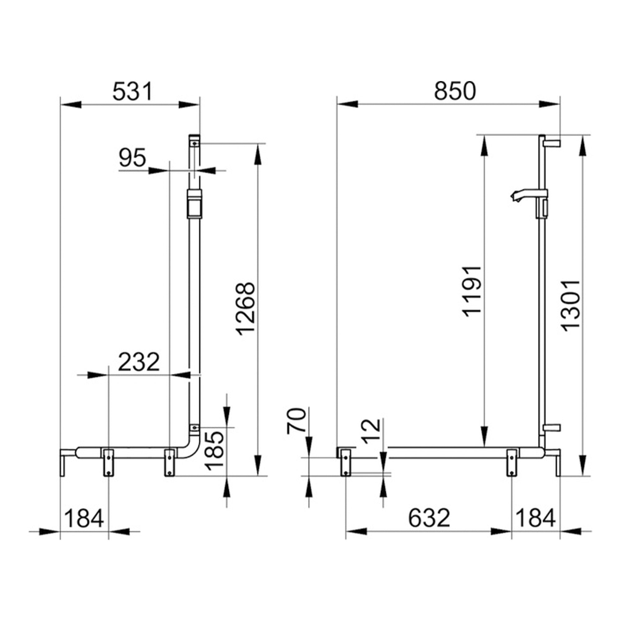 Keuco Axess Hand Shower Rail and Corner Grab Bar Execution Left Matt Black - Available in Various Sizes