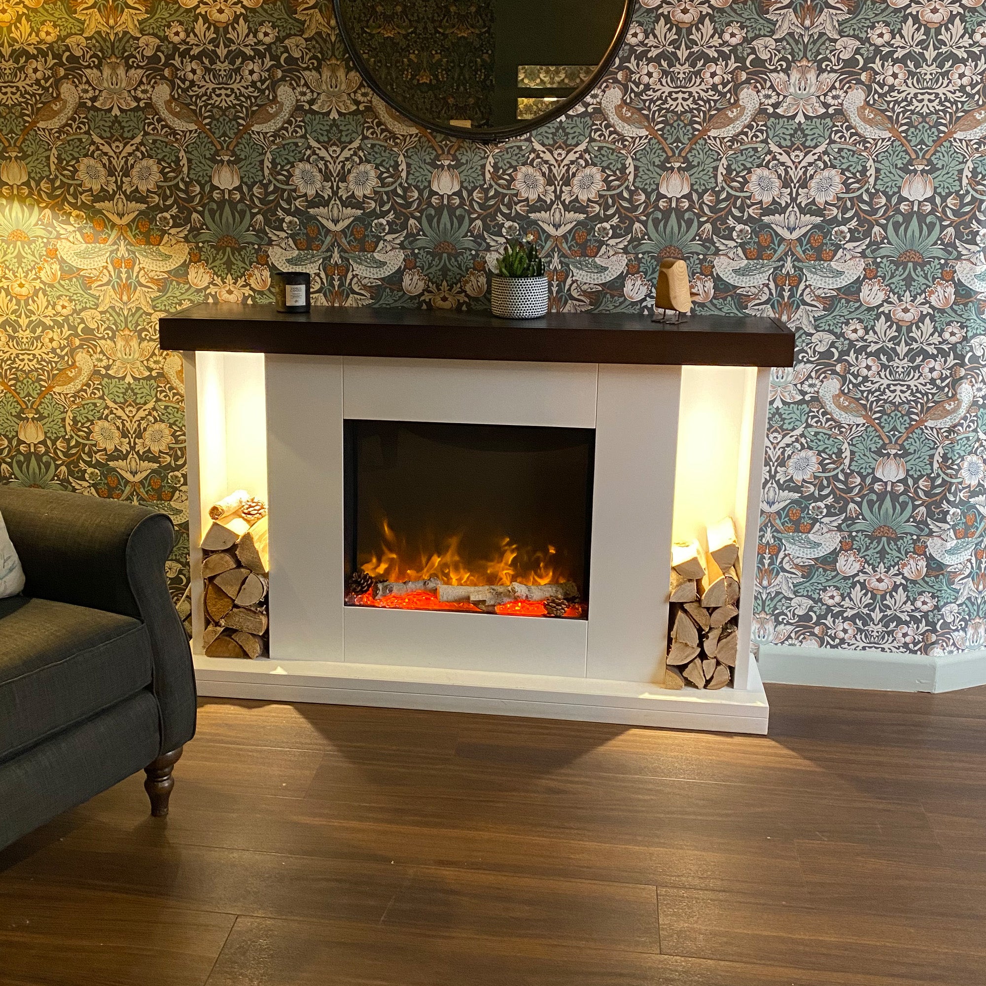 OER Williamsburg Electric Fireplace Suite with Log Store - Mahogany and Walnut - Ex Display