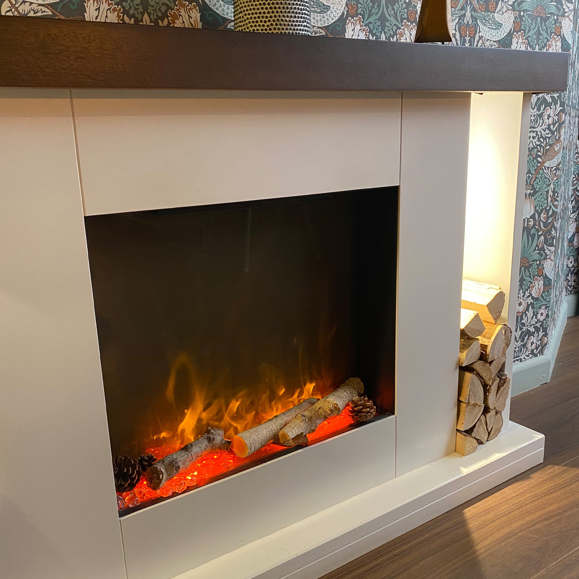 OER Williamsburg Electric Fireplace Suite with Log Store - Mahogany and Walnut - Ex Display