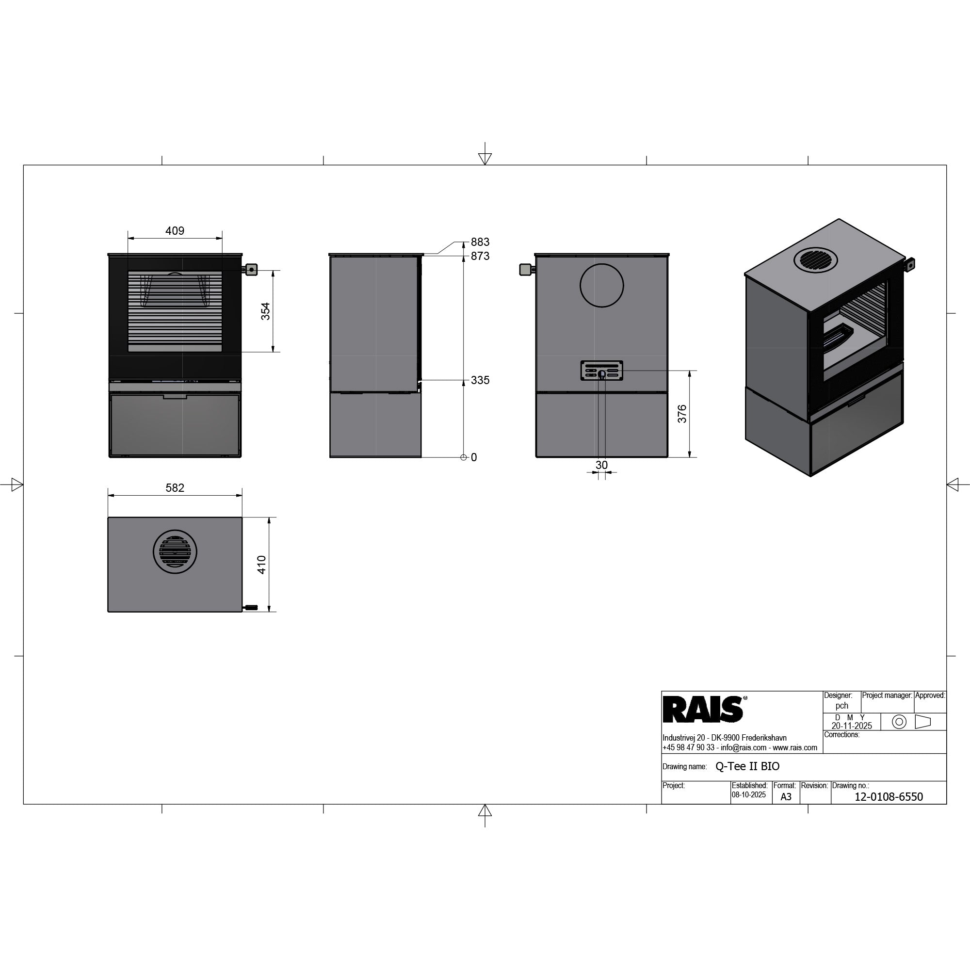 Rais Q-TEE 2 Bio Stove - Steel Framed Door