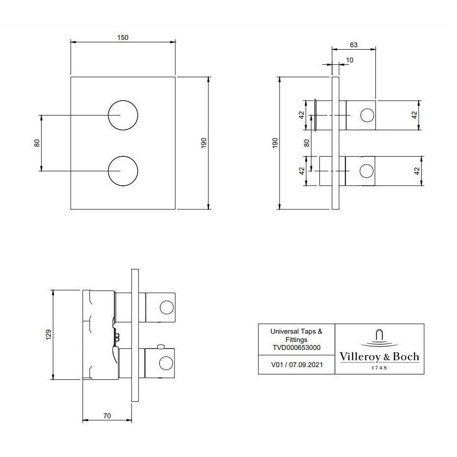 Villeroy & Boch Universal Dual Outlet Concealed Thermostat Valve - Available In Various Colours