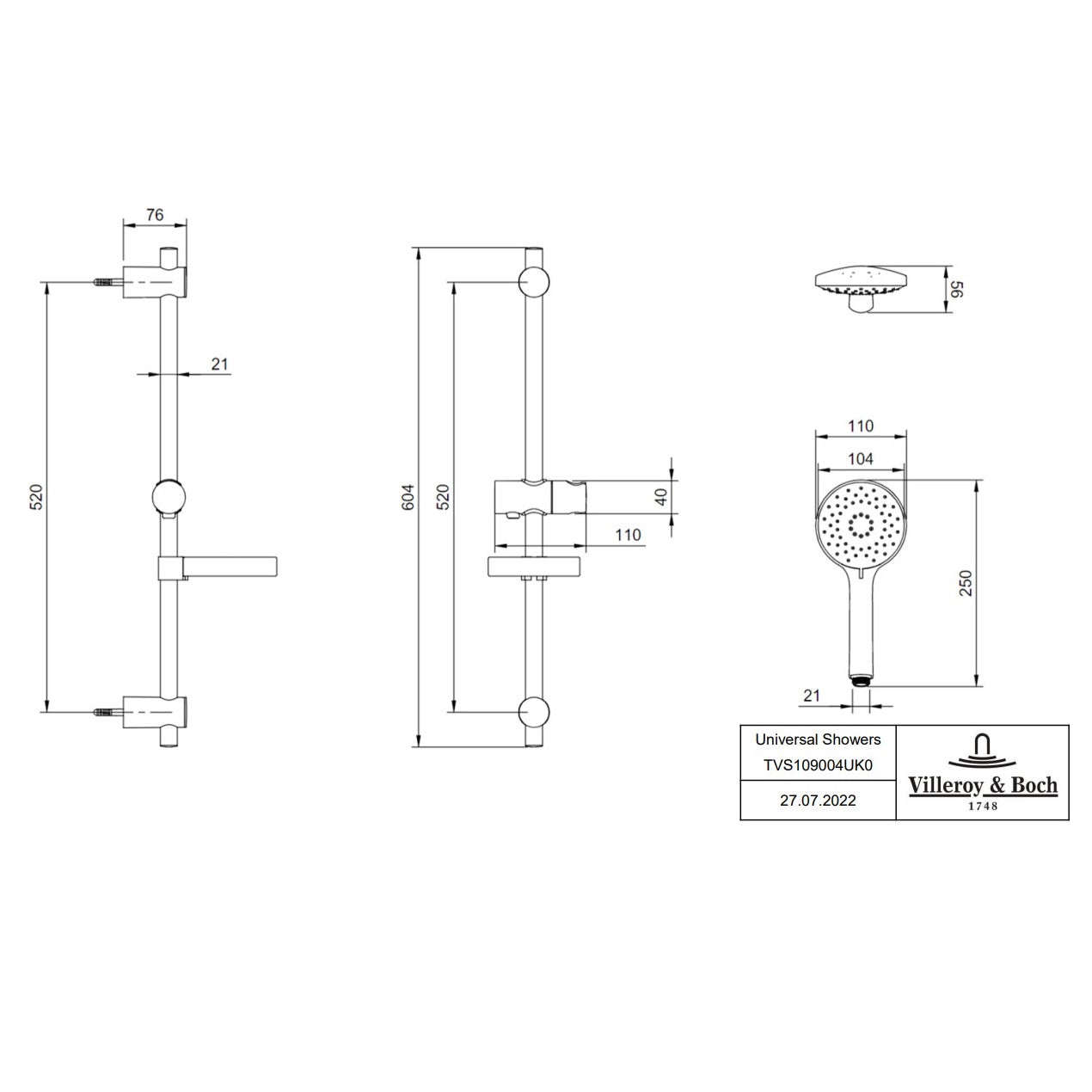 Villeroy & Boch Universal Shower Set Chrome - Includes Riser Rail, Hose & Round Hand Shower