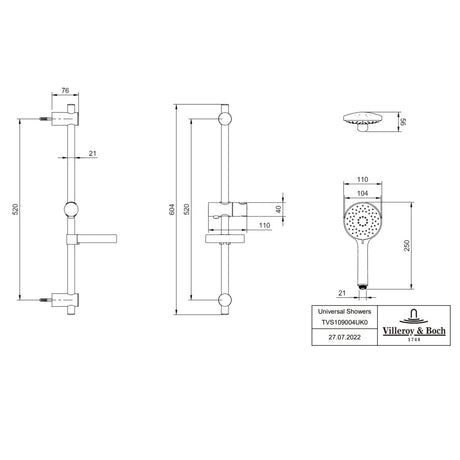 Villeroy & Boch Universal Shower Set Chrome - Includes Riser Rail, Hose & Round Hand Shower