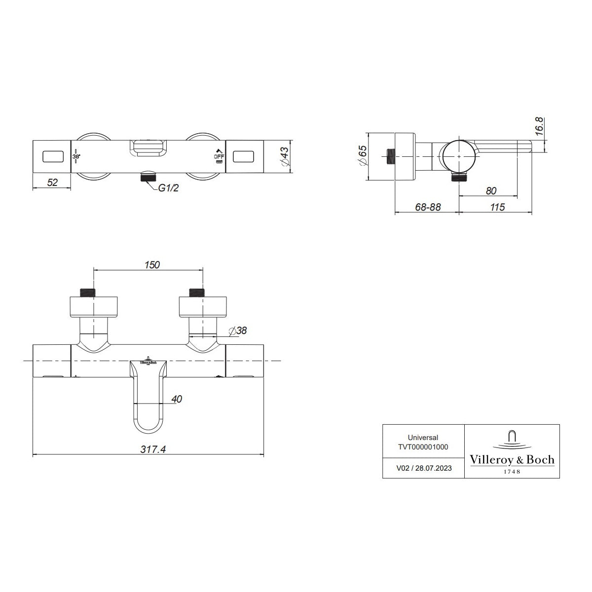 Villeroy & Boch Universal Taps & Fittings Bath Thermostat - Available In Various Colours