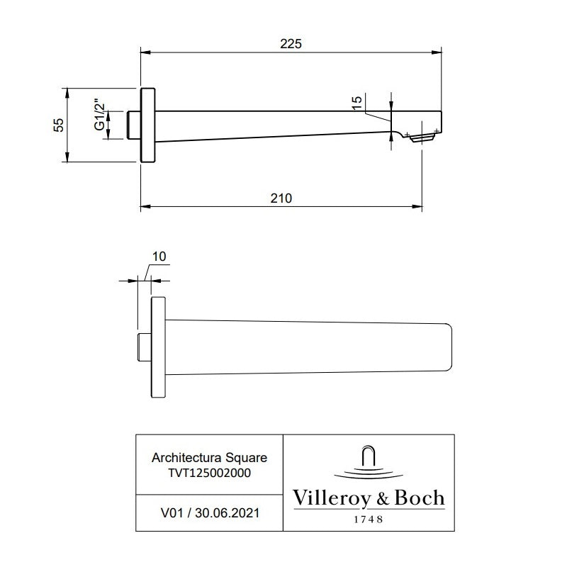 Villeroy & Boch Architectura Square Bath Spout Wall Mounted 210mm - Available in Various Colours