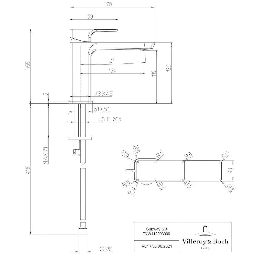 Villeroy & Boch Subway 3.0 Basin Mixer Single Lever - Available in Various Colours
