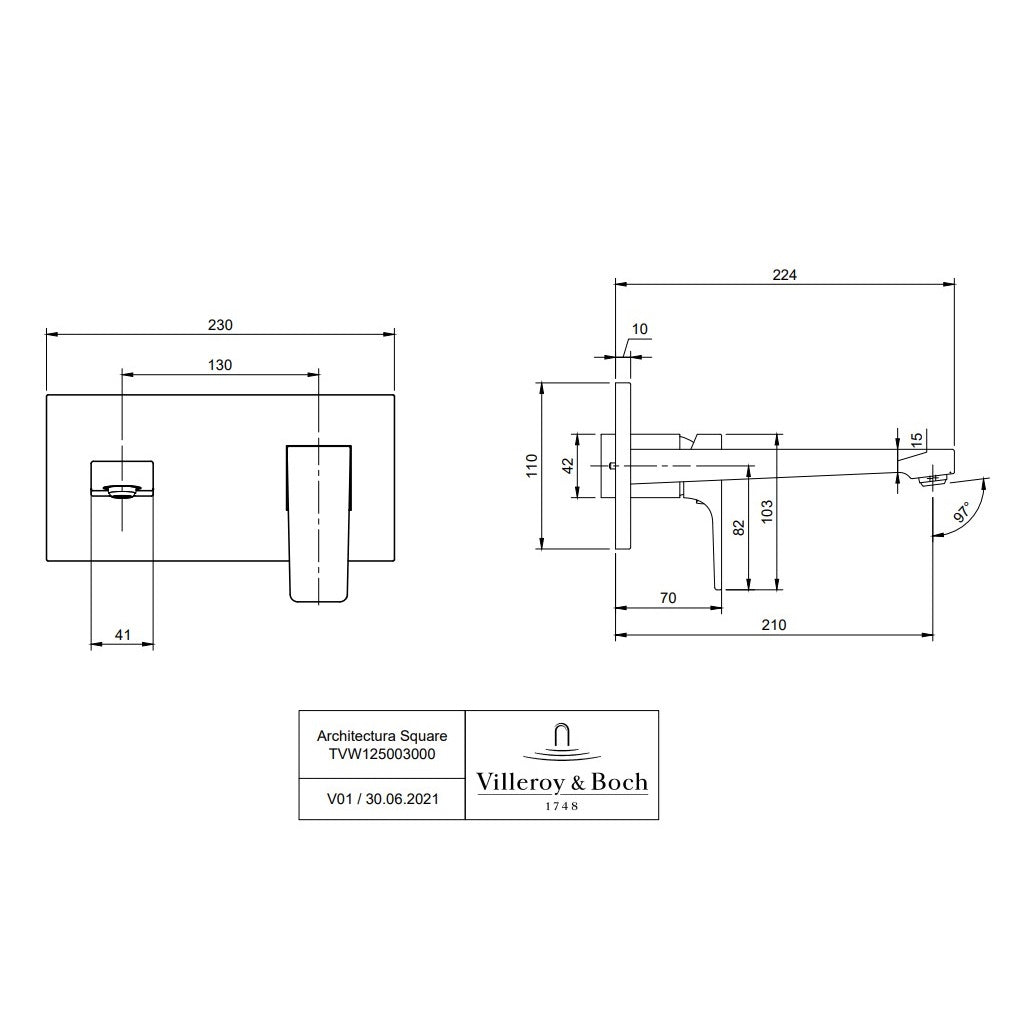 Villeroy & Boch Architectura Square Single Lever Basin Mixer Wall Mounted - Available in Various Colours
