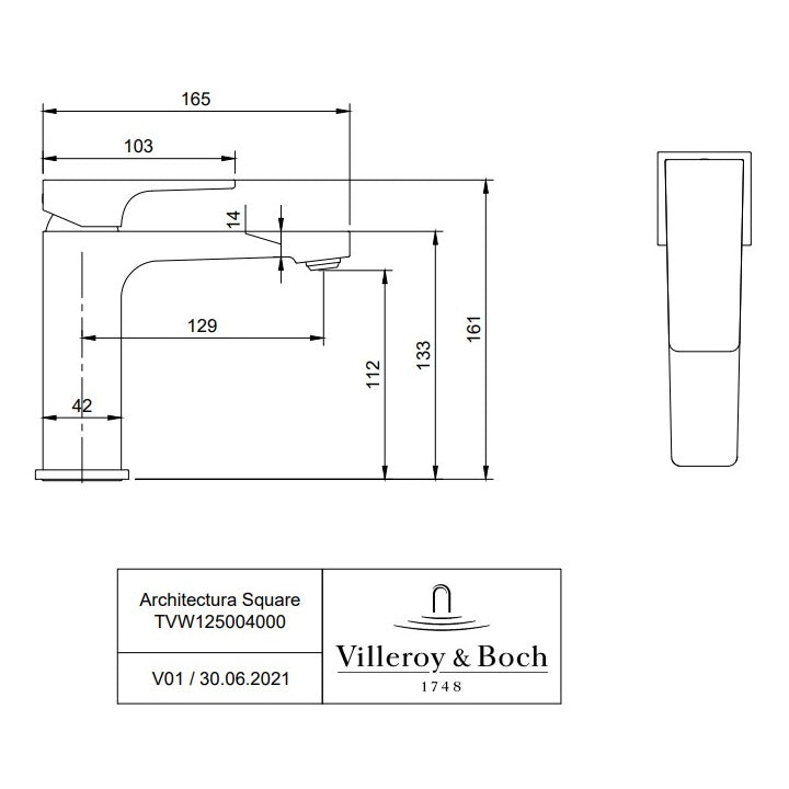 Villeroy & Boch Architectura Square Single-Lever Basin Mixer without Waste - Available in Various Colours