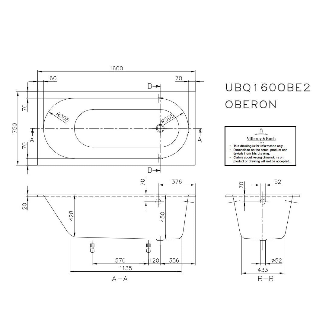 Villeroy & Boch Oberon Rectangular Solo Bath - Available in 4 Sizes
