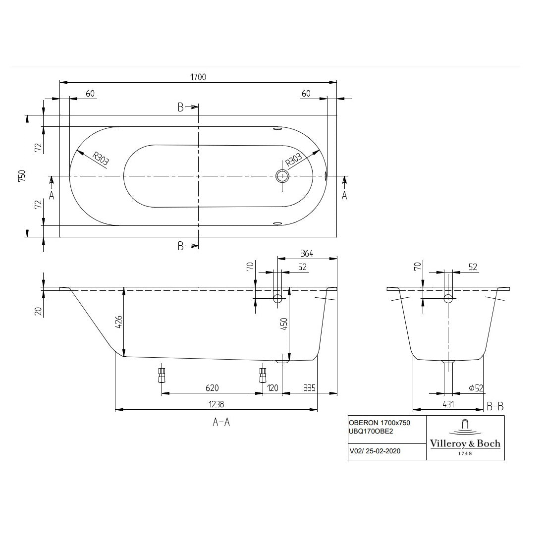 Villeroy & Boch Oberon Rectangular Solo Bath - Available in 4 Sizes
