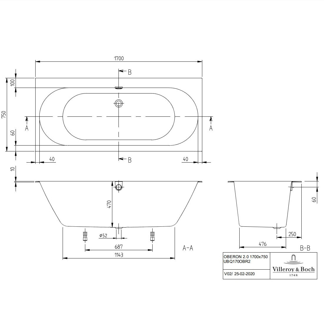 Villeroy & Boch Oberon 2.0 Quaryl Rectangular Duo Bath - Available in 2 Sizes