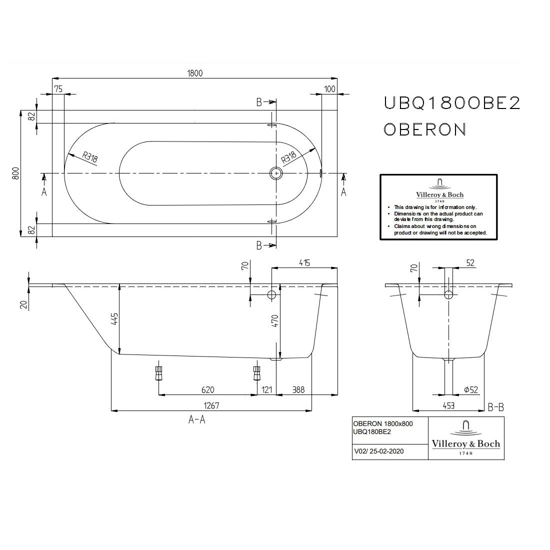 Villeroy & Boch Oberon Rectangular Solo Bath - Available in 4 Sizes