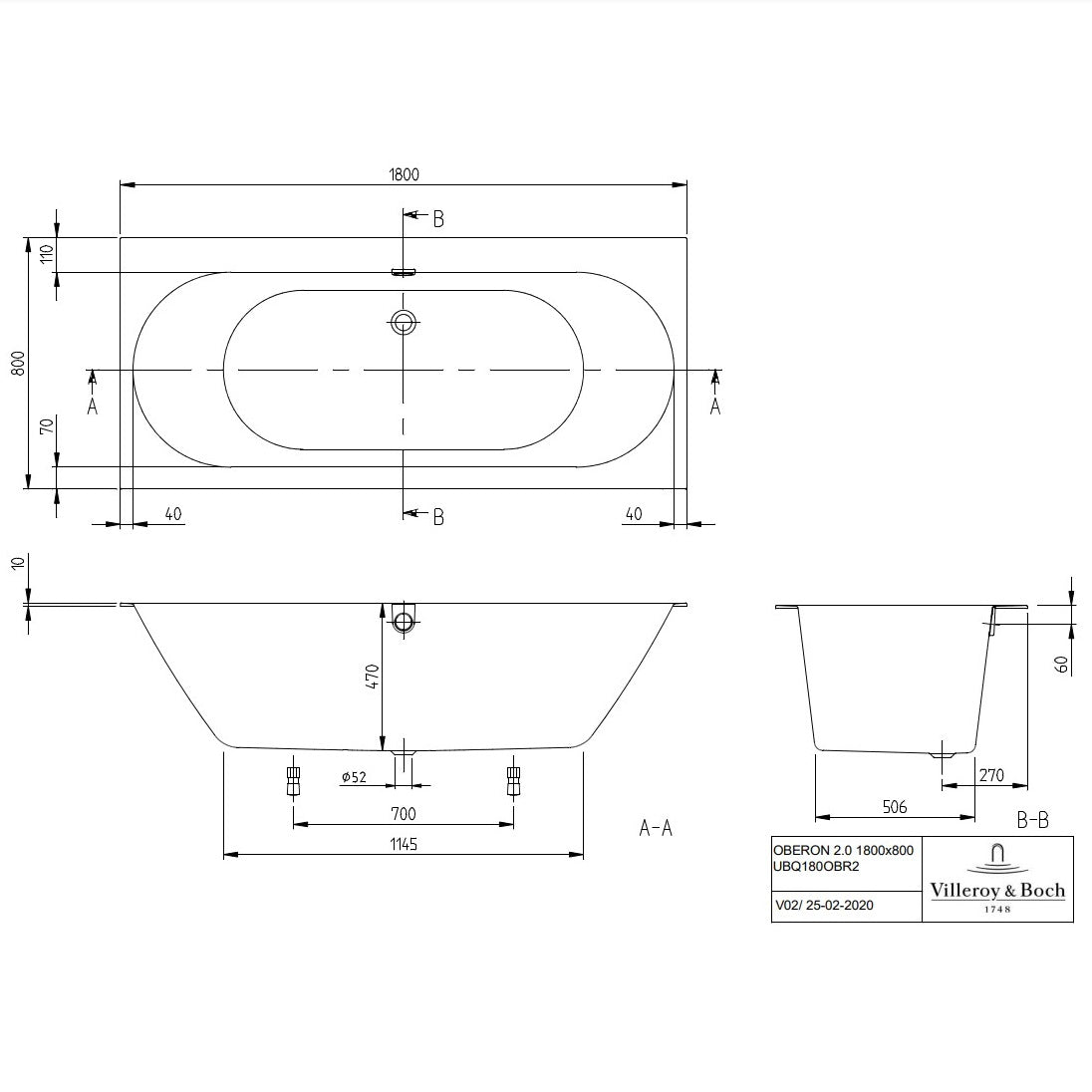 Villeroy & Boch Oberon 2.0 Quaryl Rectangular Duo Bath - Available in 2 Sizes