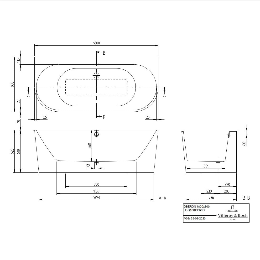 Villeroy & Boch Oberon 2.0 Back-To-Wall Quaryl Rectangular Duo Bath - 1800 x 800 mm