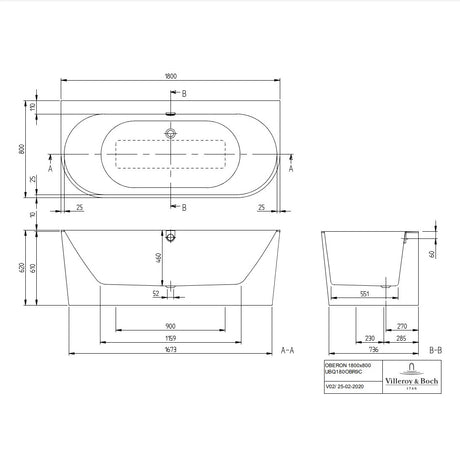 Villeroy & Boch Oberon 2.0 Back-To-Wall Quaryl Rectangular Duo Bath - 1800 x 800 mm
