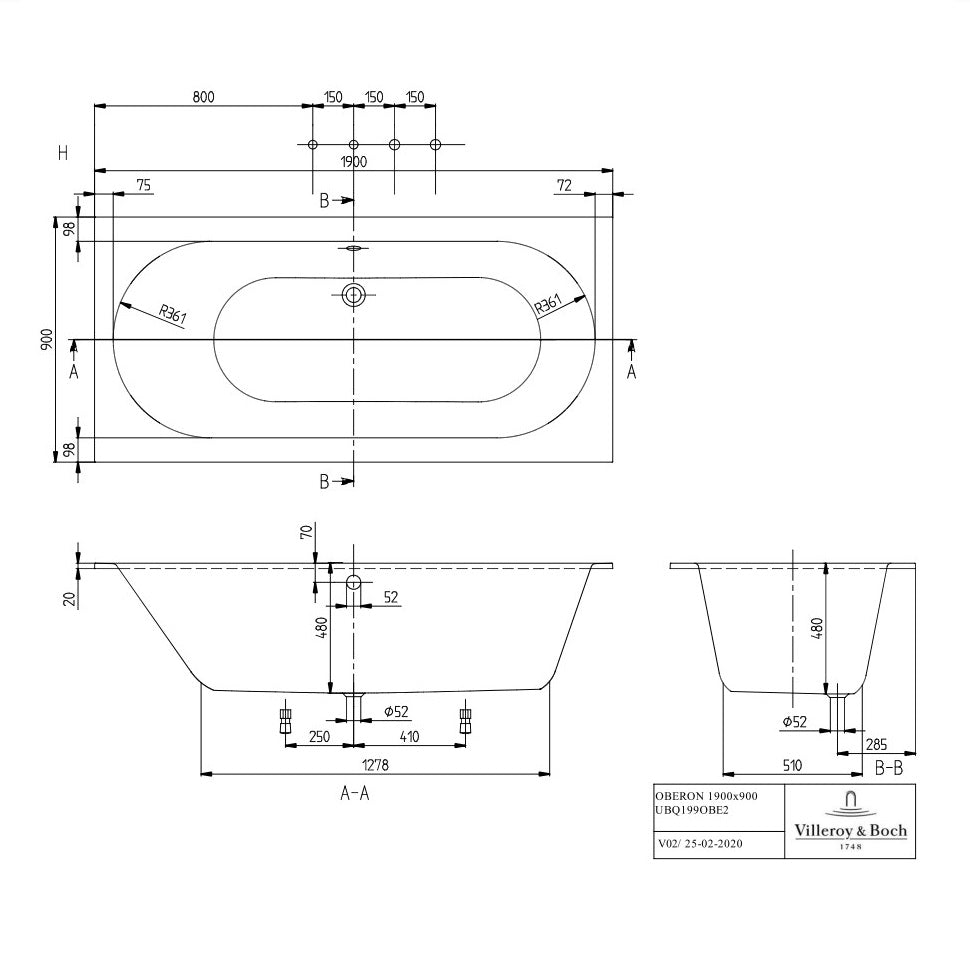 Villeroy & Boch Oberon Rectangular Duo Bath - 1900 x 900 mm