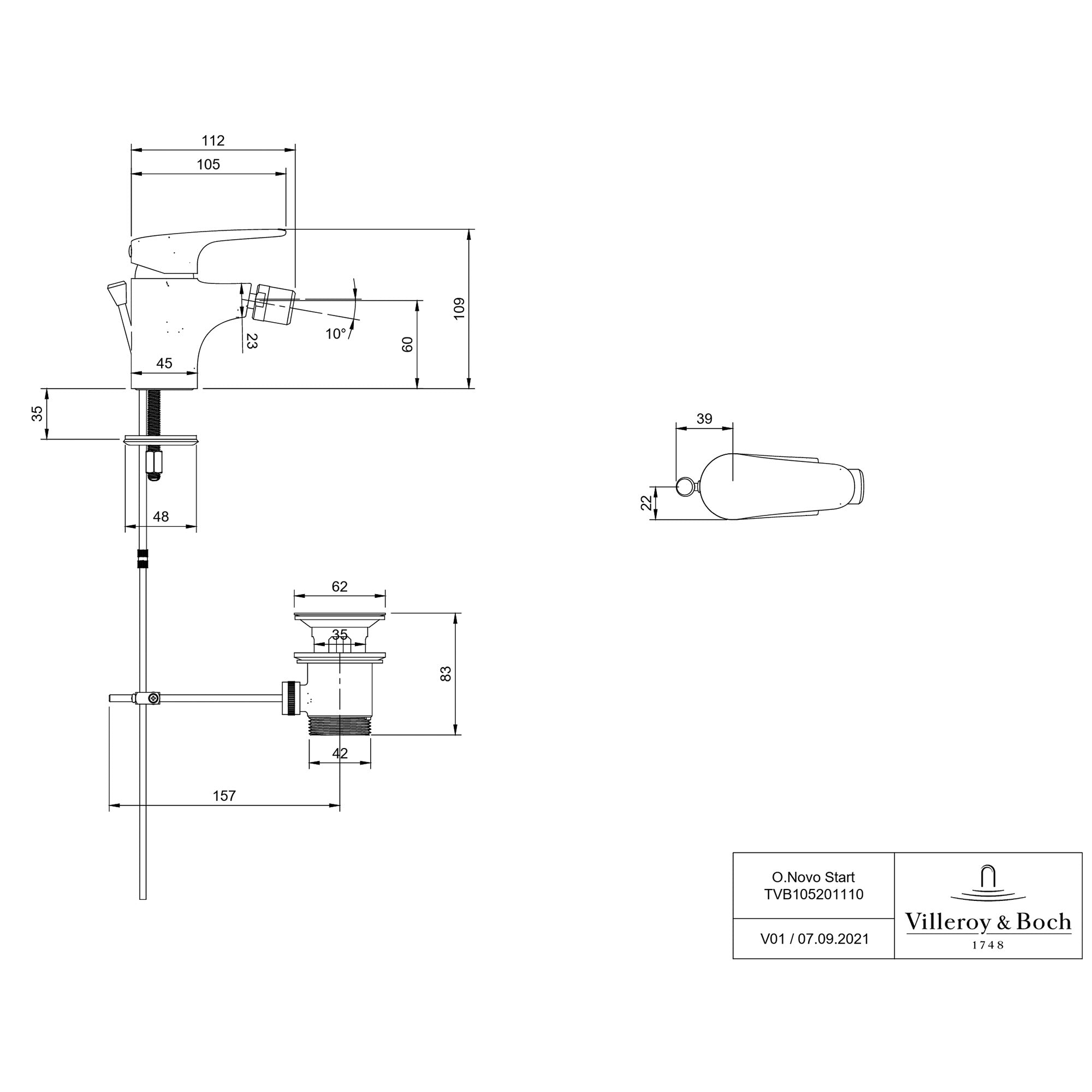 Villeroy & Boch O.novo Start Bidet Mixer Single Lever - With Push Open Waste
