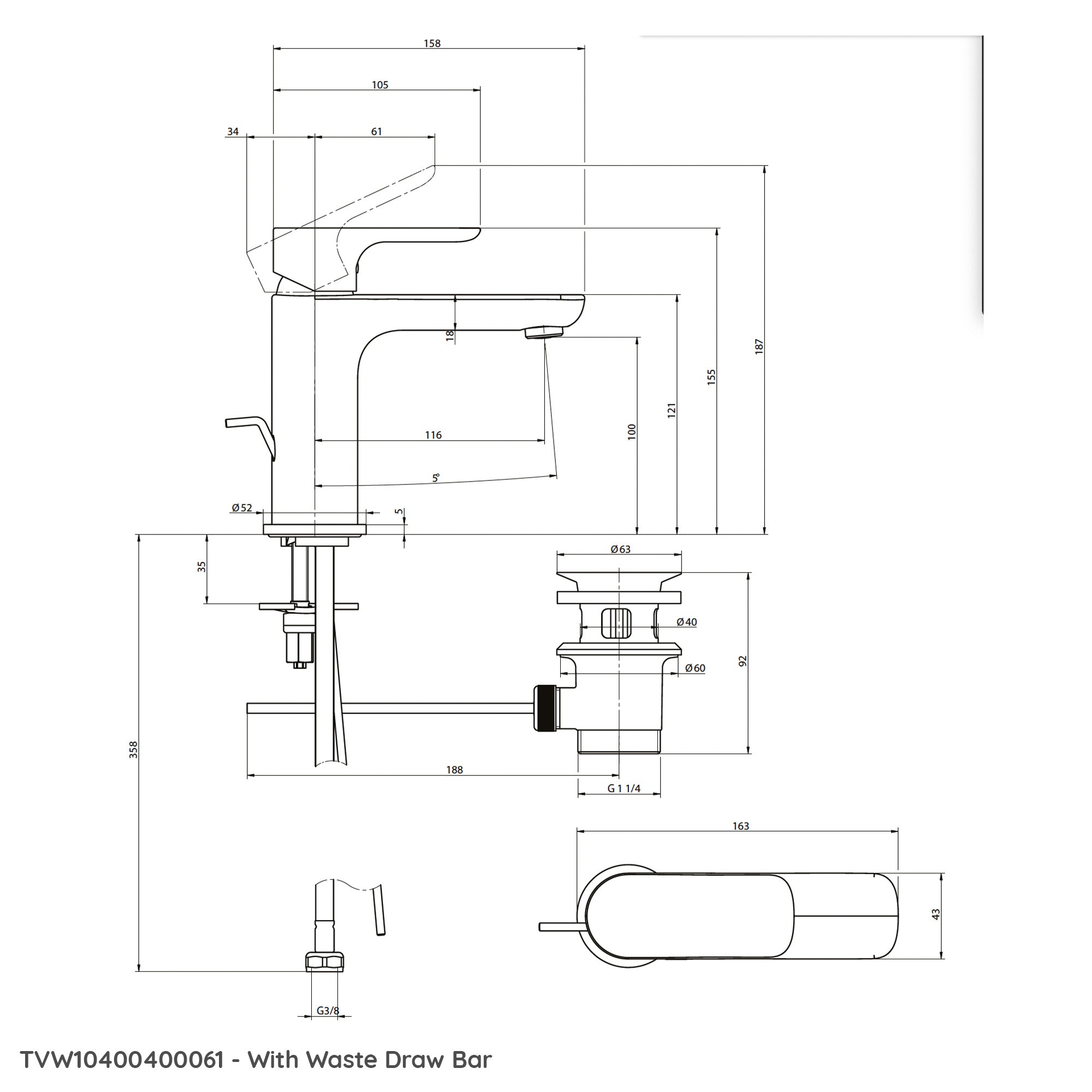Villeroy & Boch O.novo Basin Mixer Mini Single Lever - Optional Waste Draw Bar