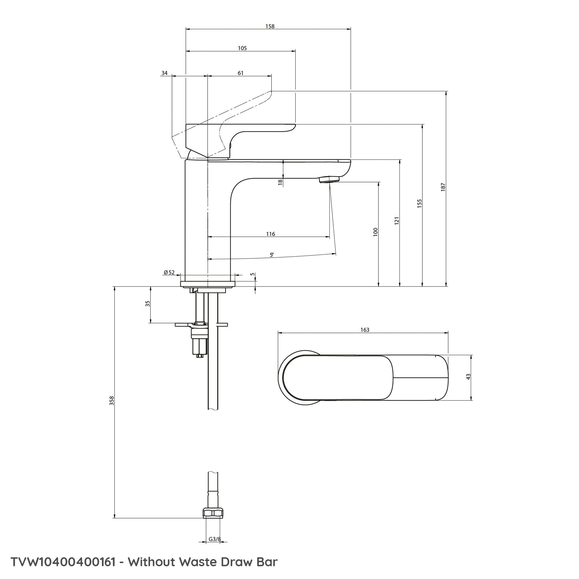 Villeroy & Boch O.novo Basin Mixer Mini Single Lever - Optional Waste Draw Bar