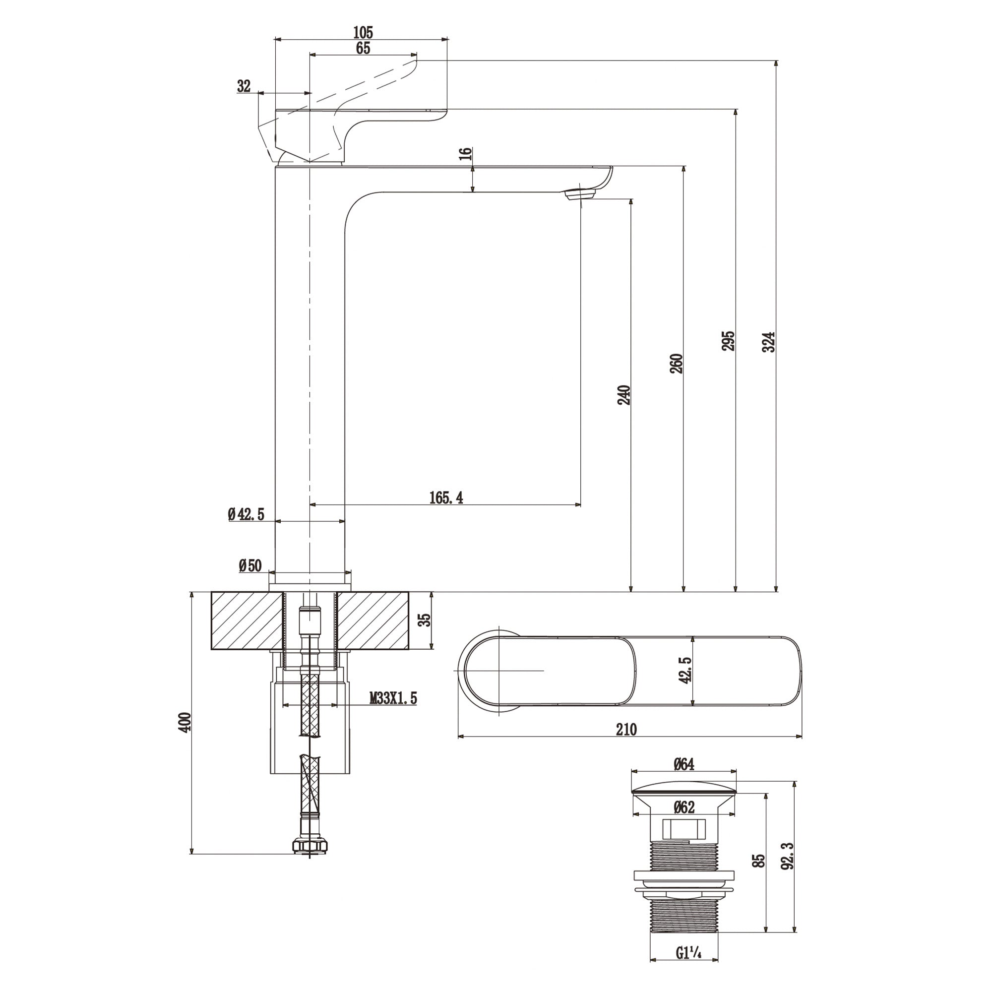 Villeroy & Boch O.novo Tall Basin Mixer Single Lever - With Push Open Waste