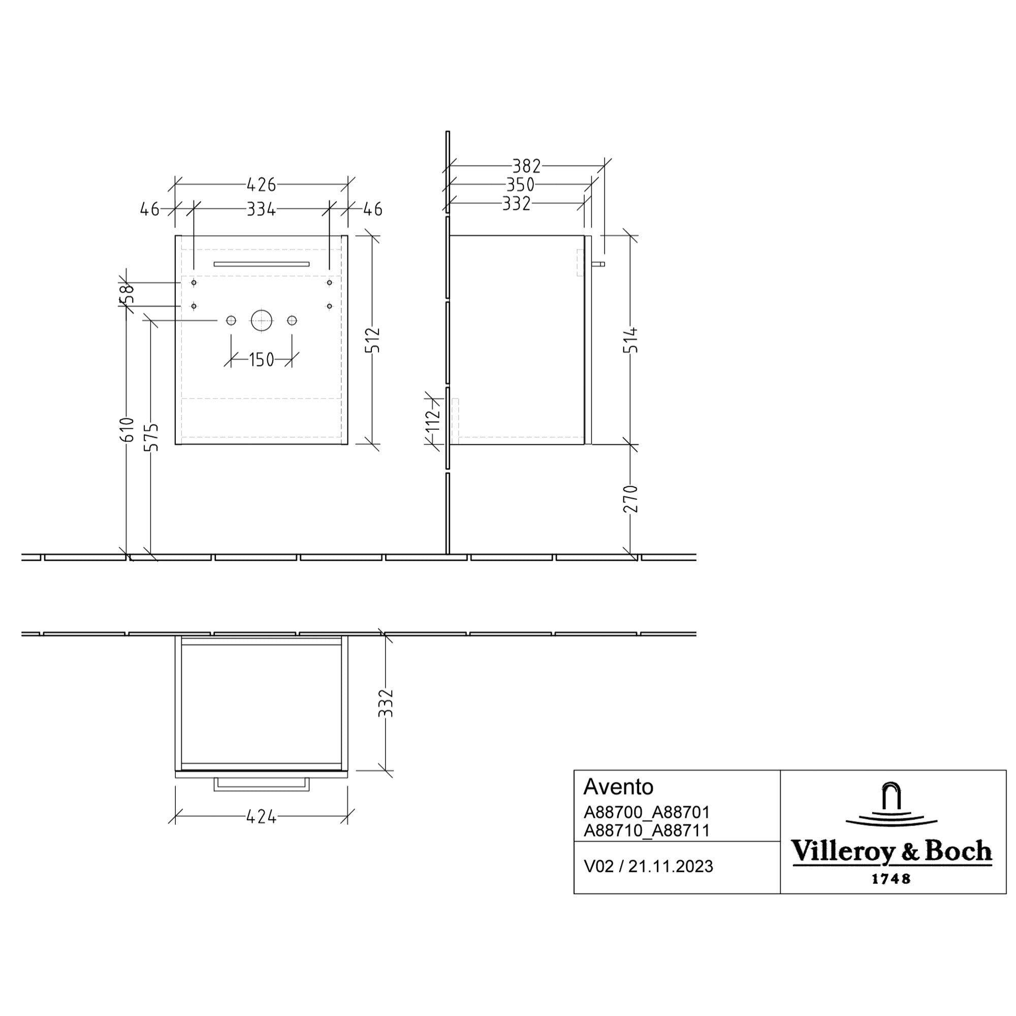Villeroy & Boch Avento Vanity Unit, 1 Door Left Hand Chrome Handle - 426 x 514 x 384 mm