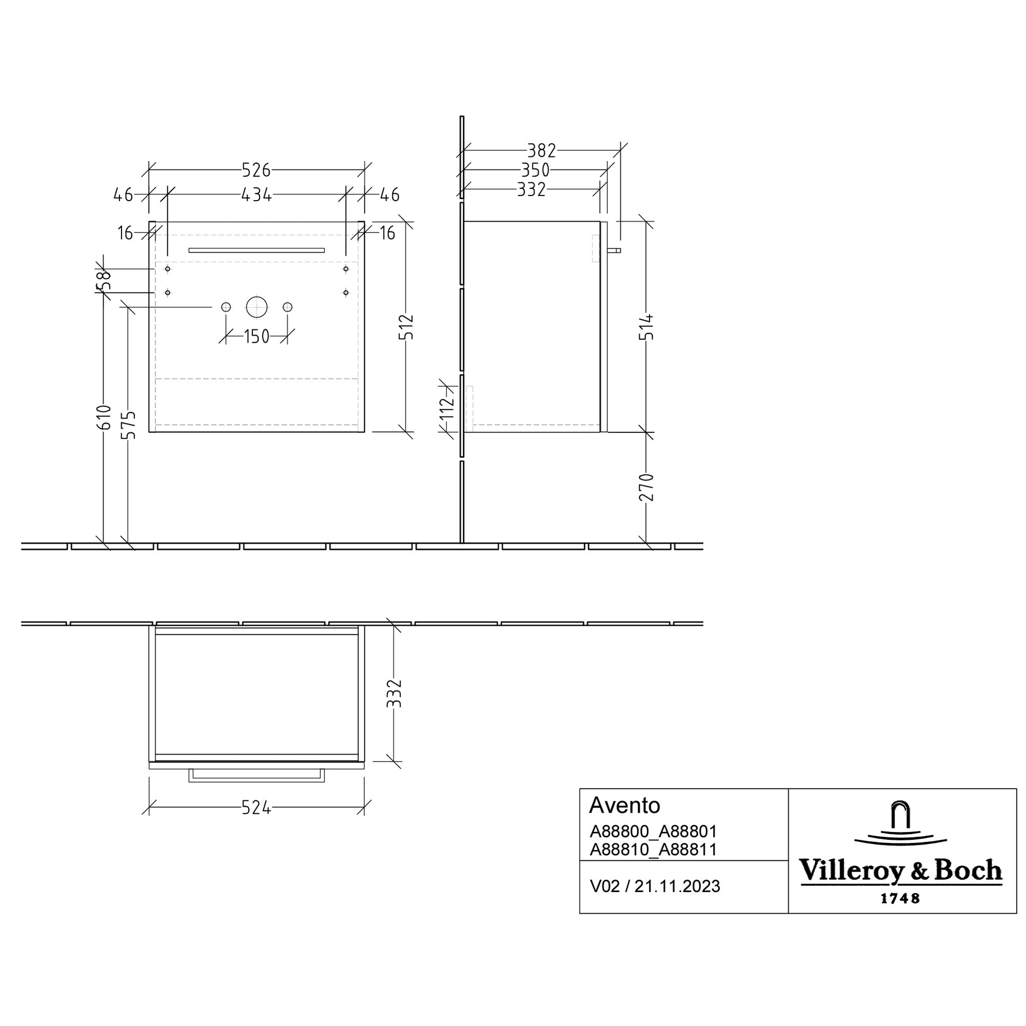 Villeroy & Boch Avento Vanity Unit, 1 Door Left Hand Chrome Handle - 526 x 514 x 384 mm