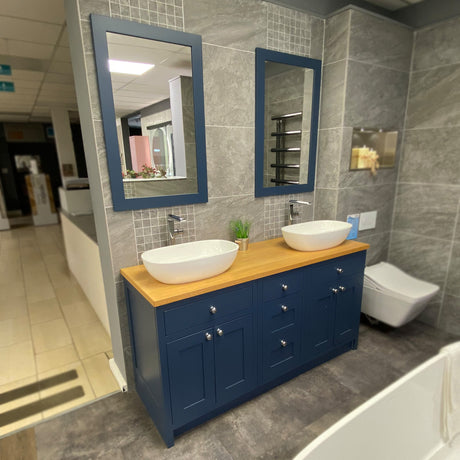 Vanity Hall Bathroom Furniture in Sapphire Blue including Mirrors, Basins, Tall Basin Mixers and Wastes - Ex Display