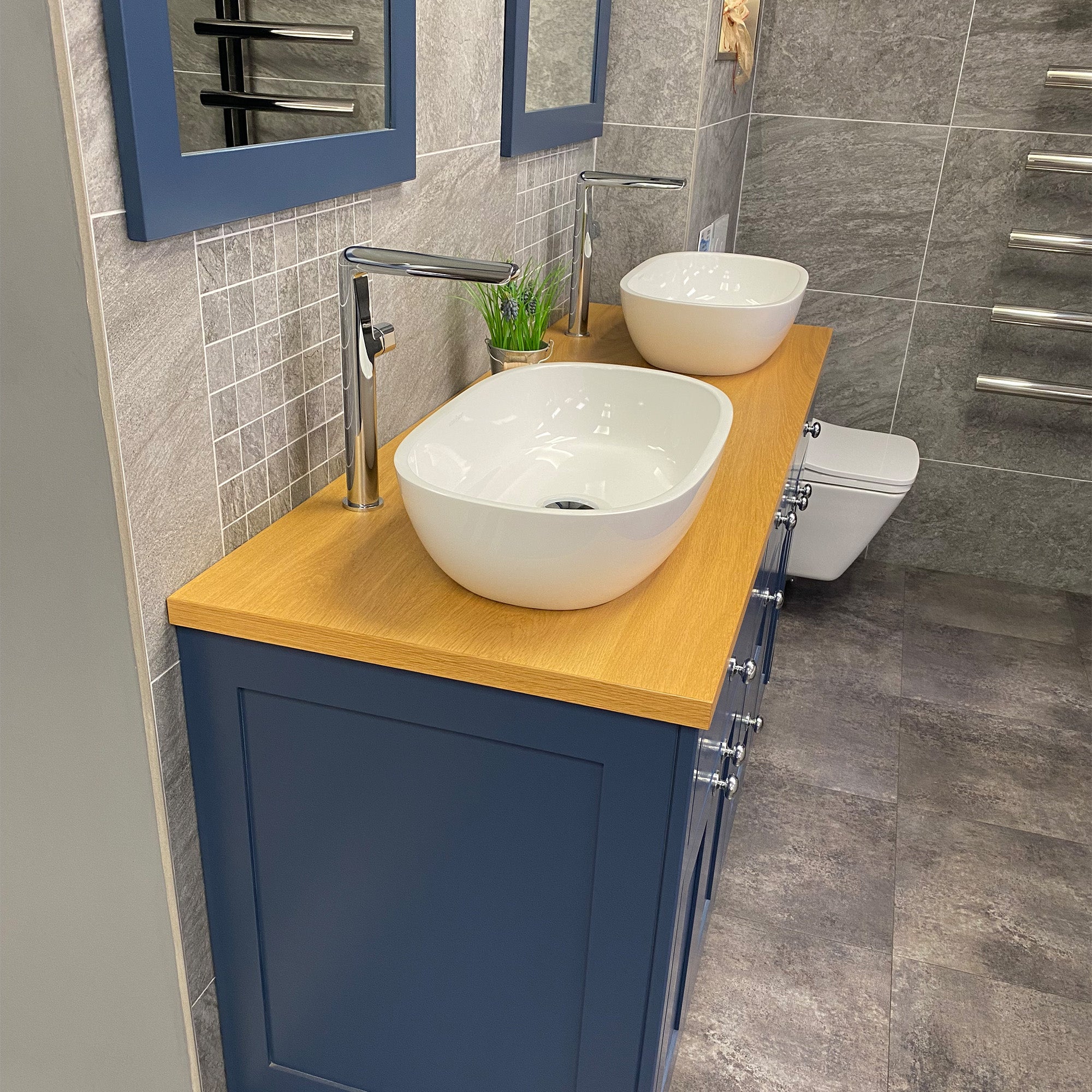 Vanity Hall Bathroom Furniture in Sapphire Blue including Mirrors, Basins, Tall Basin Mixers and Wastes - Ex Display