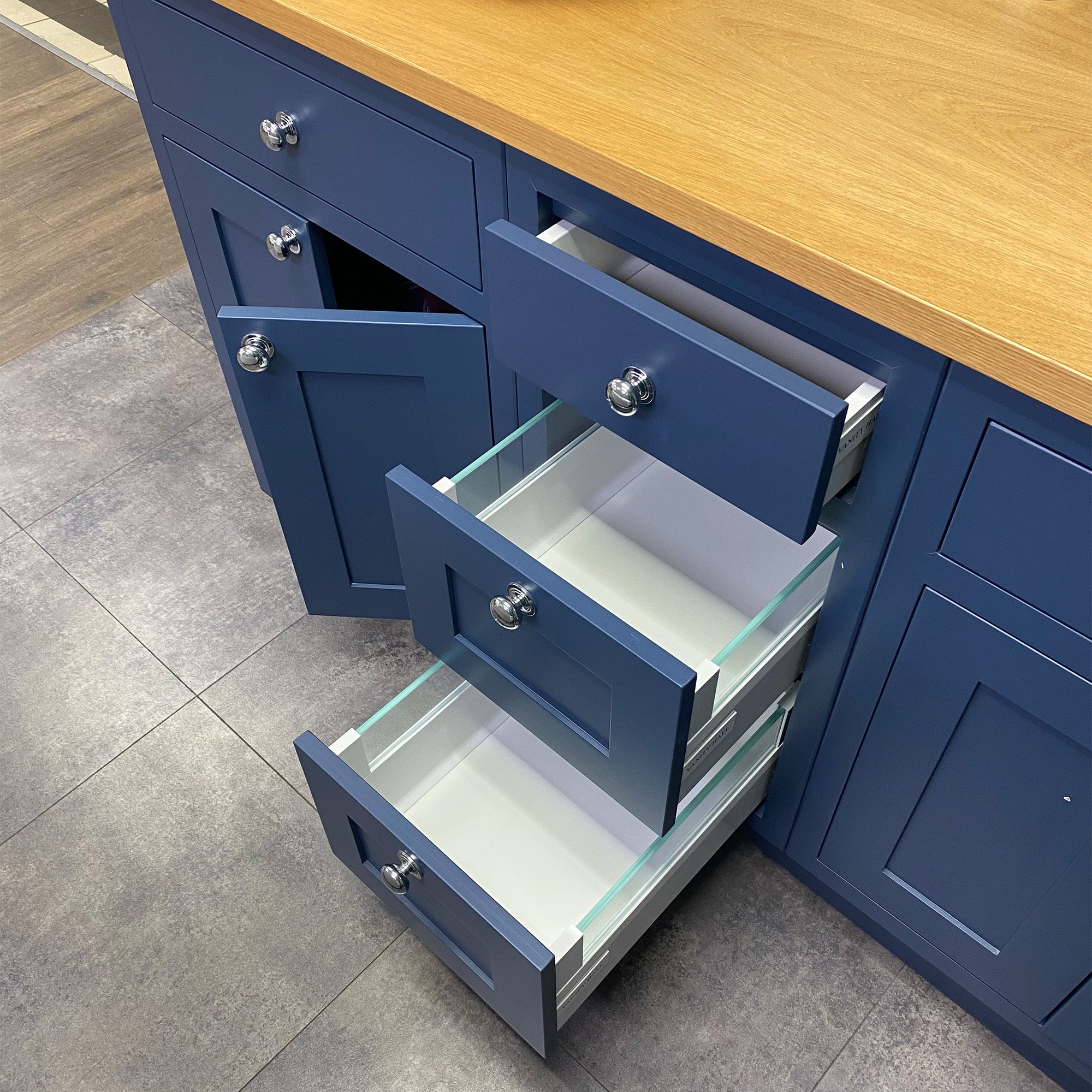 Vanity Hall Bathroom Furniture in Sapphire Blue including Mirrors, Basins, Tall Basin Mixers and Wastes - Ex Display