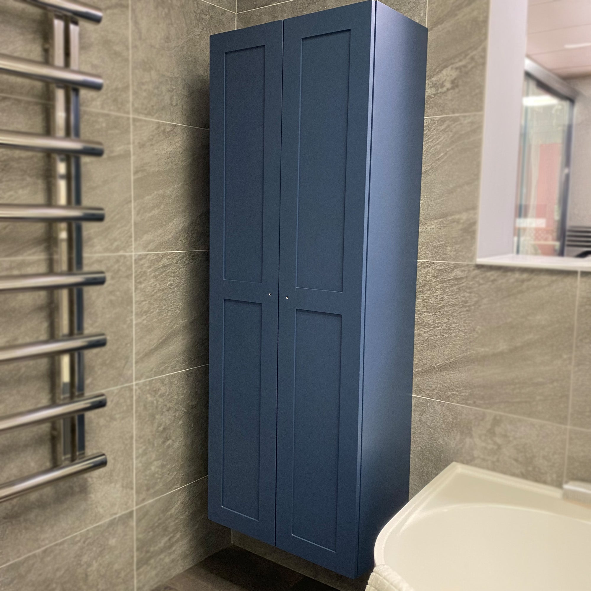 Vanity Hall Bathroom Furniture in Sapphire Blue including Mirrors, Basins, Tall Basin Mixers and Wastes - Ex Display