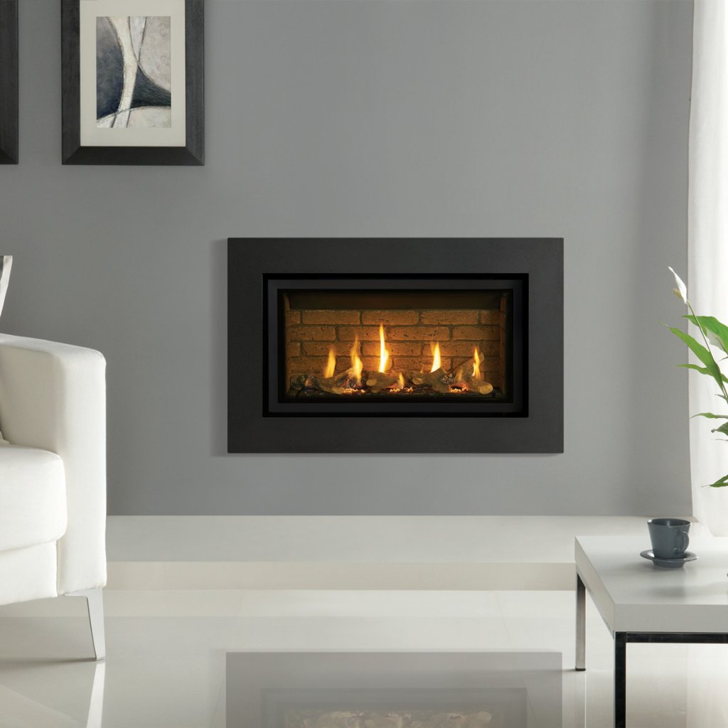 Clearance - Studio 1 Slimline, Natural Gas, Balanced Flue, White Stone Fuel Bed, Black Glass Lining and Cool Wall Edge Installation Kit